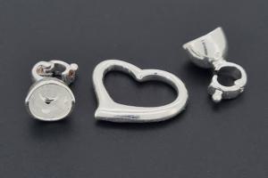 Heart-Shaped Clasp, approx. 18x13,6mm, silver-colored metal, with snap closure end caps